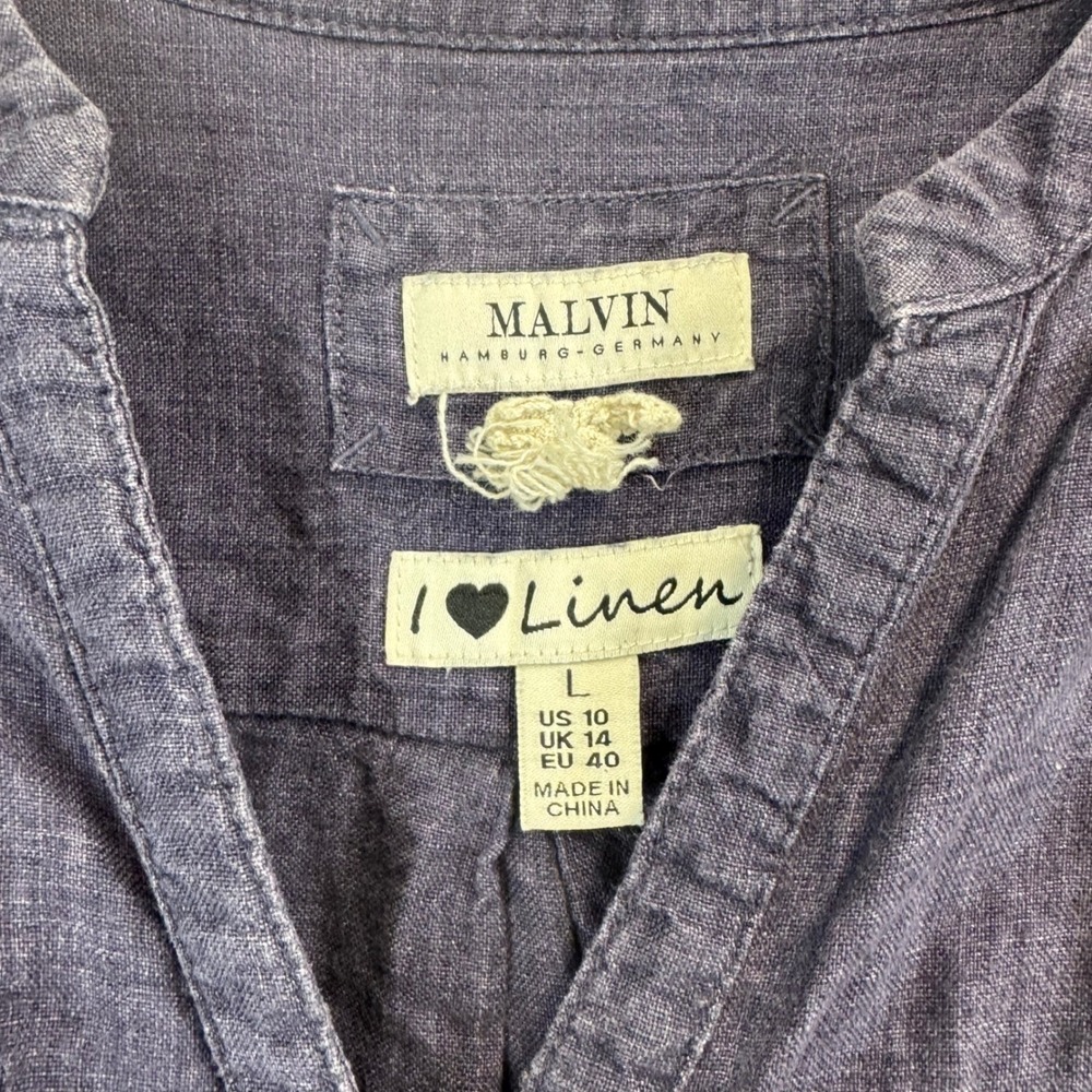 Malvin I Love Linen 100% Linen Shirt Dress Blue Button Front Roll Sleeve Sz L - Picture 7 of 13